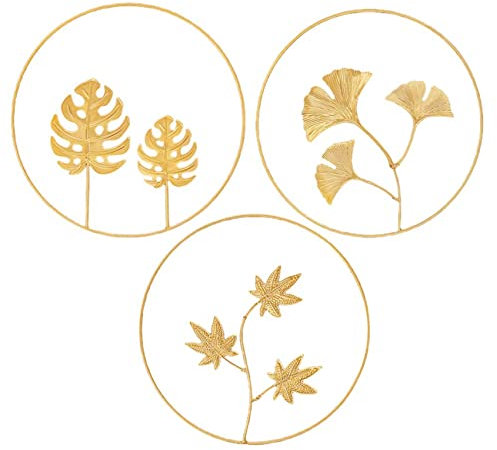 Wlauqueta 3 Stück Wandskulpturen aus Metall, runde Blätter, Wandfigur, Ginkgo Biloba, Kunst, hängend, Ornament für Hoteldekoration