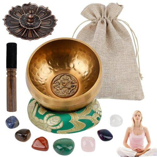 Tibetisches Klangschalen Set,Meditationsklangschale mit Klöppel,Ø 8cm Hand gehämmert Messing Klangschale Set Klangschalenkissen und Räucherstäbchenhalter für Yoga Meditation und Entspannung