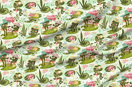 Spoonflower Fabric - Day Pond Flowers Woodland Tea Summer Frogs Printed on Polartec(R) Fleece Fabric by The Yard - Sewing Blankets Loungewear and No-Sew Projects