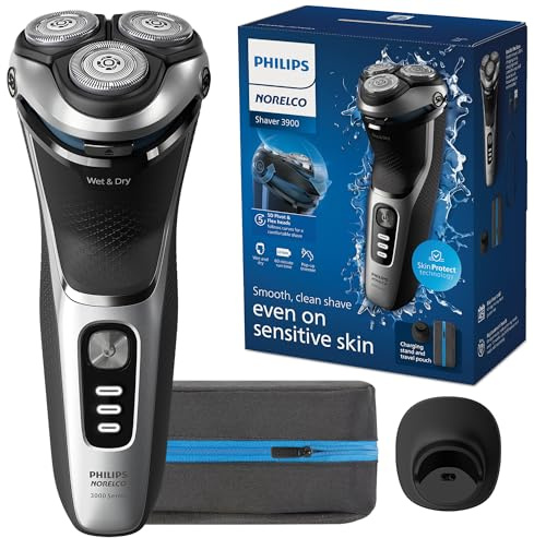 Philips Norelco Shaver 3900 Series, Wet and Dry Electric Shaver, P-Cap, Travel Pouch, Charging Stand, Storm Blue, Model S3341/92