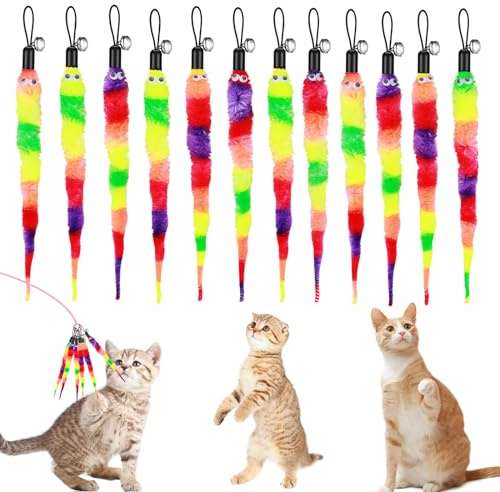Amaxiu Katzenspielzeug - 12 Stück Regenbogen-Katzenwurm, Ersatz-Zauberstab, Ersatz-Feder, Interaktives Flauschiges Würmer Mit Glocken Für Katzen