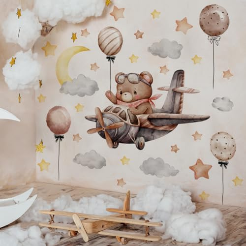 Runtoo Babybjörn flygande plan väggdekal måne och stjärnor söt dröm djur väggklistermärken baby barnkammare barn sovrum heminredning