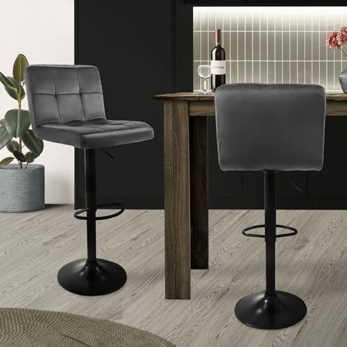 ML-Design Barhocker 2er Set, Bezug aus Samt, Grau, Gepolsterter Barstuhl mit Rückenlehne und Fußstütze, Tresenhocker höhenverstellbar 63-83cm, 360° drehbar, Bistrohocker Hocker Drehstuhl Barstühle