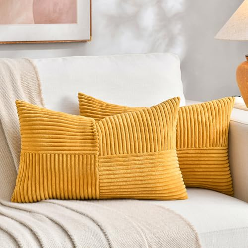 FDTERN 2er Set Gelb Kordsamt Kissenbezug 30x50CM Weich Moderne Dekorative Kissenbezüge Kissenhülle Dekokissenbezug Sofakissen Dekokissen Boho Herbst Deko für Sofa Schlafzimmer Wohnzimmer Balkon