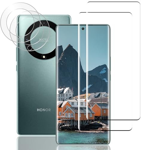 Protector Pantalla Completa Honor Magic 5 Lite, Cristal Templado, Sin Burbujas, Dureza 9H, Sensible al Tacto, Anti-rasguños, 2 Pack Vidrio Templado y 2 Pack Protector de Lente de Cámara