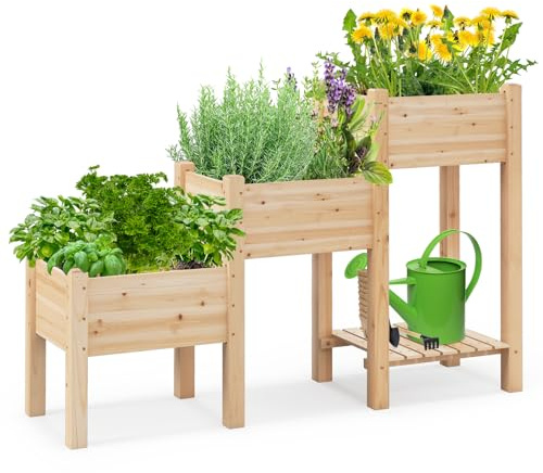 GiantexUK Wooden Raised Garden Bed, 3 Tier Vertical Ladder Garden Planter with Slatted Shelf & Drainage Holes, Elevated Flower Herb Vegetable Growing Box Holder for Balcony Courtyard Patio