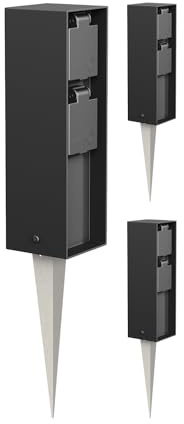 ledscom.de 3X Garten-Steckdosen-Säule POKU mit Erdspieß für außen, IP44, 2-Fach, schwarz, eckig, 23cm
