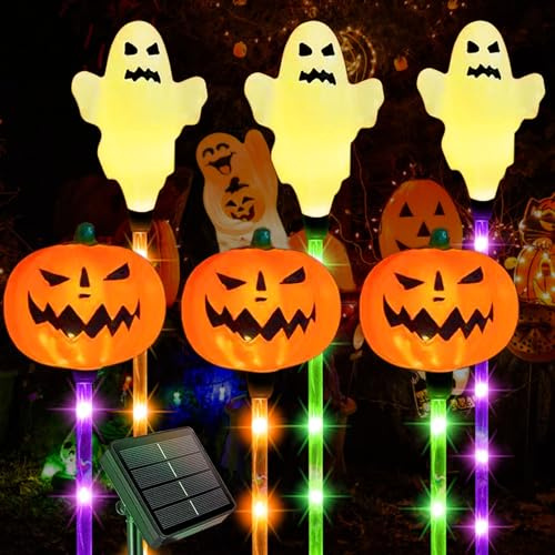 Halloween Deko Outdoor Garten,6 Stück Kürbis Geister Solarlampen Draußen,LED Beleuchtung Laterne für Außen,Solar Pumpkin Pathway Lights,Halloween Garten Deko,Außen Wetterfest Patio Dekor