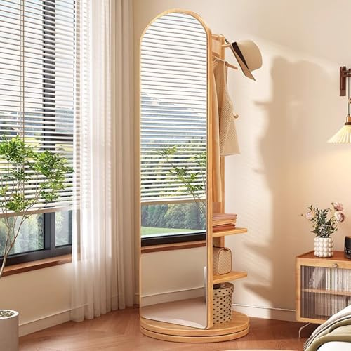 360° Drehbarer Ganzkörperspiegel, 2-in-1-Bodenspiegel und Garderobenständer, Ganzkörperspiegel Aus Massivholz mit Garderobe, Für Wohnzimmer, Schlafzimmer, Garderobe