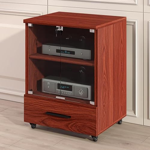 LYXWGRZD 2/3-stufiger Audio Rack HiFi Regal, Phonoschrank mit Schublade, HiFi Rack mit gehärtetem Glas, Record Player Stand, atmungsaktives Lochdesign(Rosso,77cm/30.3in)