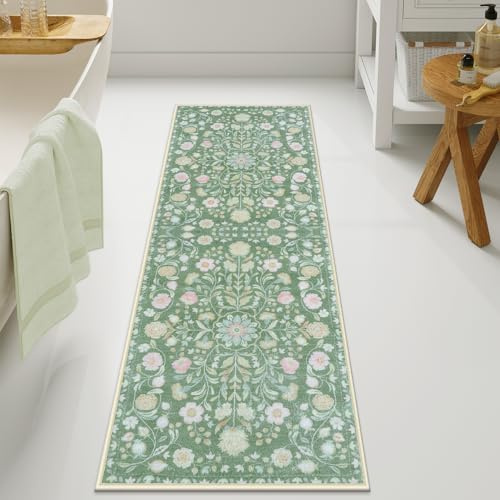 Uphome Badezimmerläufer, lang, mit grünem Blumenmuster, ultraweich, maschinenwaschbar, großer Badezimmerteppich, rutschfest, Boho, Vintage, Blumenmuster, Badteppiche für Eingangsbereich, Schlafzimmer