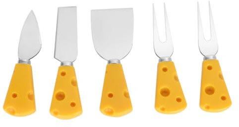Mobestech Set Posate da Dessert 5 Pezzi Manico Formaggio Giallo in Acciaio Inox e Plastica, Cucchiaio, Forchette e Coltelli Versatili per Frutta e Dolci