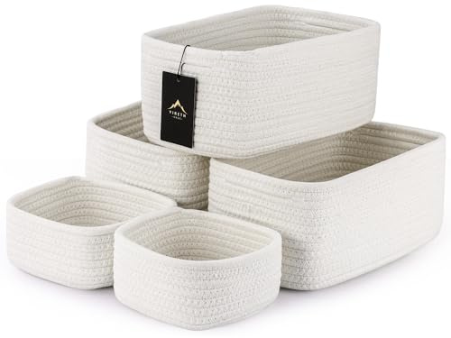 VIRETH HAUS 5-Pack Small Woven Rope Storage Baskets – 2 Sizes Organizer Bins for Closet, Shelf, Bookshelf, Nursery, Changing Table, Fabric Cube Boxes, Rectangular Shallow Bins for Bathroom, Toy & Home