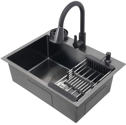HarBin-Star - Évier de cuisine, 60 x 45 cm, en acier inoxydable, avec robinet à avaler, distributeur de savon et panier d'égouttement, évier simple encastrable