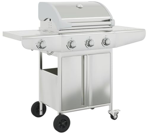 Barbecue à Gaz, Chariot Gril à Gaz avec 4 brûleurs argenté acier inoxydable