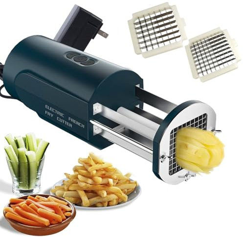 Elektrischer Pommes-Frites-Schneider, automatischer professioneller Kartoffelschneider aus Edelstahl mit 1/2- und 3/8-Zoll-Klingen, Pommes-Frites-Schneider for Kartoffeln, Karotten, Gemüse, GRÜN