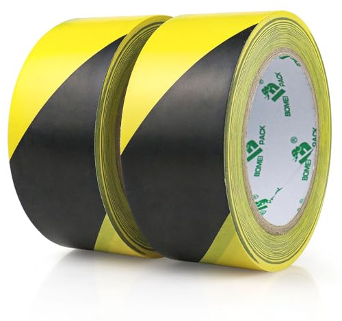 BOMEI PACK 2 Rollo 50mmx33m Cinta Adhesiva De Advertencia De Peligro, Amarillo/Negro Cinta Adhesiva De Seguridad, Autoadhesiva Cinta Para Suelo, Para SeñAlización De Suelos Y Seguridad (50MM)