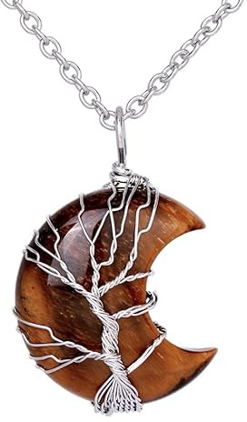 Collier Pendentif Arbre De Vie Enroulé En Fil De Fer Reiki Croissant De Lune Pendentif Énergie Cristal Spirituel Bijoux Fait Main Pierre Précieuse Naturelle Pour Femmes Pierre Œil De Tigre Chaî