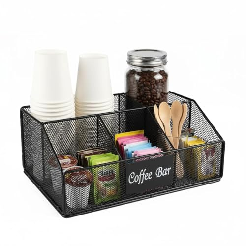 Punorric Coffee Station Organizer Metal Mesh 5 Compartments Coffee Bar Accessories Organizer for Pods Syrup and Tea Bag, Black Condiment Caddy Tea Station for Office or Kitchen Countertop