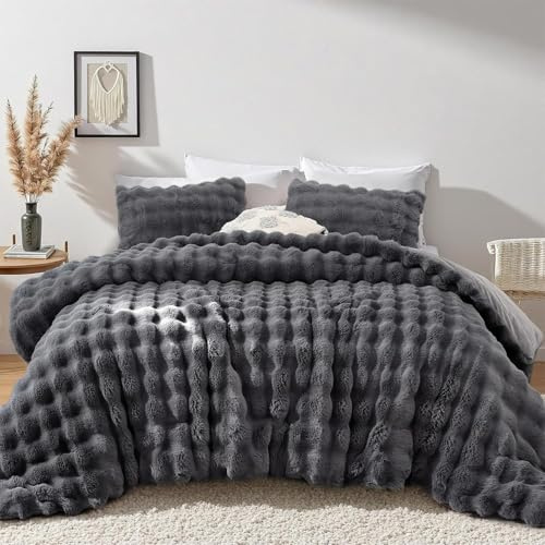 Sedefen Plüsch Bettwäsche 135x200 cm Flauschig Kunstfell Grau,Bubble Wende Bettwäsche Biber Warme Winterbettwäsche Shaggy Flanell Bettbezug und 1 Kissenbezug 80x80cm mit Reißverschluss