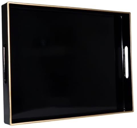 Heaven4you Black Gold Serving Tray 40x30cm Gloss Handles Decorative Large