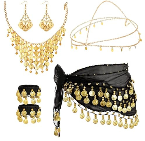 JurciCat 7 Sets Cinturón de Danza Del Vientre Con Monedas De Oro Pendientes Collar Pulseras y tocados Para Espectáculos Fiestas Celebraciones Halloween Carnaval Disfraces