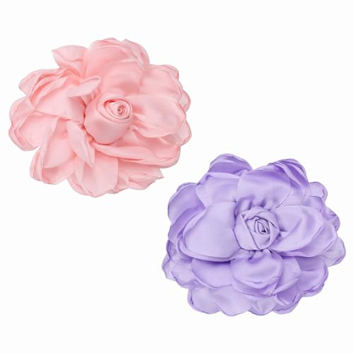 PATIKIL Große Stoffblumen-Broschen, 2 Stück Elegante Stoffrose Große Brosche Zarte Satin-Kamelie Ansteckblume Reversnadel Für Frauen Hochzeitskleidung Anzug Kleid Pink/Lila