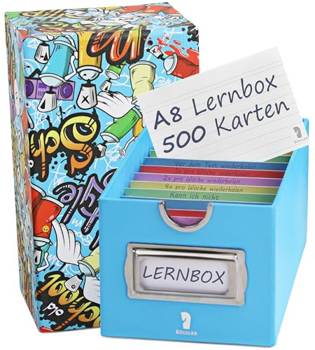 RÖSSLER Karteikarten Box | Karteikasten zum Lernen von Vokabeln - 500 Karteikarten + 10 Trennkarten | Mit Edelstahl Beschriftungsrahmen, Griffring & linierten 200g/m2 Lernkarten