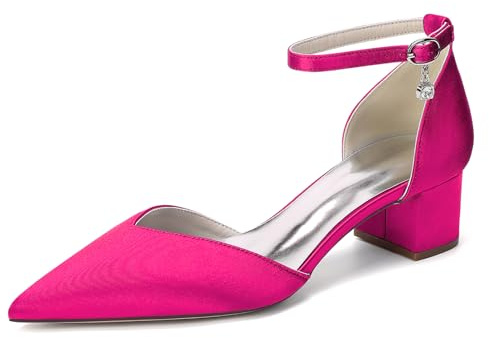 Escarpins pour Femmes À Bout Pointu, Talons Carrés Bas Et Épais, Bout Fermé Bride De Cheville Chaussures De Cérémonie, Mariage, Affaires,Fuchsia,35 EU