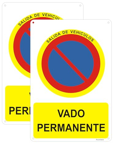 Acuxiaza 2ud Cartel Vado Permanente, 20x30cm, Señal Prohibido Aparcar | Aluminio Reflectante, Impermeable, Protección UV, Salida De Vehículos, Vado Permanente