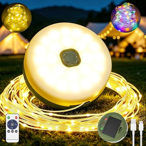 Camping Lichterkette Aufrollbar Solar,USB Wiederaufladbare LED Lichterkette | Tragbare Vielseitige Campinglampe Lichterkette Außen, 10M Wasserdichte Zeltleuchten für Camping Wandern Hof Garten