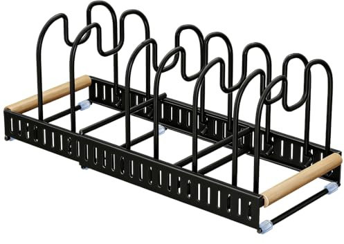 Expandable Pan Organiser, 7 Dividers Adjustable Pot Lid Holder, Black Metal Pots and Pans Storage Rack, Countertop Cupboard Kitchen Organiser for Saucepan, Cutting Board, Baking Tray and Cookware