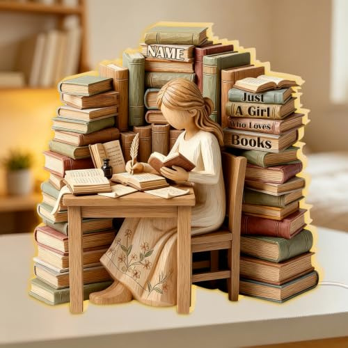 Personalized Just A Girl Who Loves Books Night Lamp, Custom Name Readers Acrylic Plaque Light Box, 2D Flat Book Lover Desk Decor, Christmas Birthday Reading Gifts for Bookworm Bookish Librarian Her,03