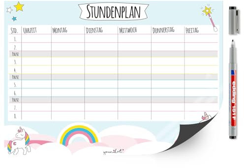 younikat Stundenplan magnetisch abwischbar I Einhorn I inkl. Stift I wiederbeschreibbar I Einschulung I dv518