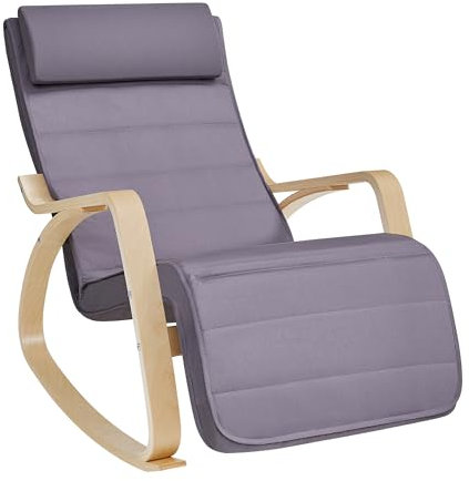 SONGMICS Schaukelstuhl, mit Armlehnen aus Birkenholz, Schaukelsessel, 5-fach verstellbare Fußstütze, bis 150 kg belastbar, für Schlafzimmer, Wohnzimmer, hellgrau-naturfarben LYY010G01