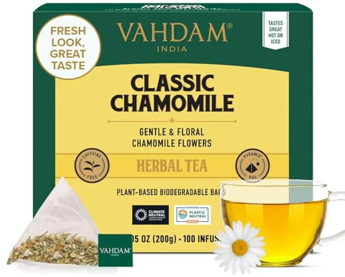 VAHDAM, Chamomile Herbal Tea (100 Pyramid Tea Bags) Resealable Ziplock Pouch | Caffeine Free, Non GMO, Gluten Free | 100% Pure Tisane - Sweet & Floral | Made With Natural Chamomile Flowers