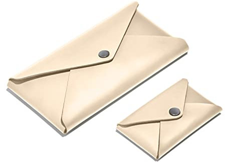 Eglooh - Helios - Set Visitenkarten Etuis + Federmäppchen aus Leder Beige - Kreditkarten-Etuis - Verschluss mit brünierten Knöpfen - Vollständig Made in Italy