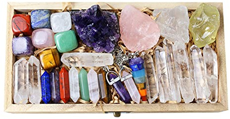Nvzi 30 st premium helande kristaller kit i trä display box inkluderar chakrstenar, ametist kristall, rosenkvarts, klar kvarts, citrin för Reiki, häxhantverk, chakra-balansering, meditation