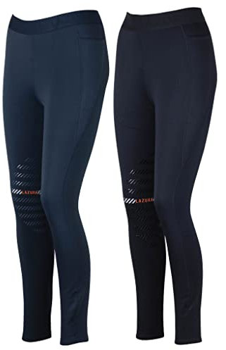 Lazura - Winter Mädchen Reitleggings Anita | Kniebesatz aus Silikon | atmungsaktive Reithose mit 2 seitlichen Handytaschen | dunkelblaue Kniebesatzreithose | Reitbekleidung in Größe 170/176