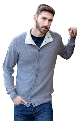 Giacca Uomo Misto Cashmere Cardigan Bottoni Made in Italy Maglione Seta Pullover Manica lunga Lana Merino Cachemire Maglioncino Beige Blu Grigio Maglia Regalo Abbigliamento Inverno (XL, Grigio Ferro)