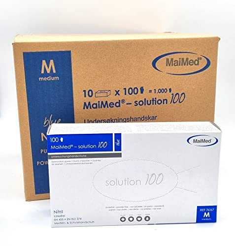 MaiMed Solution 100 Nitril-Handschuhe | Größe M | Puderfrei | Latexfrei | Blau-Violett | Beidhändig Tragbar | Lebensmittel und Medizinisch geeignet | Unsteril | 10 Boxen |1000 Stück (M)