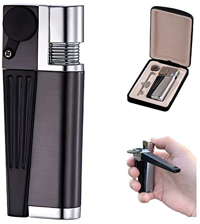 Accendino Portatile, 2 in 1 Metallo Fumo Accendino per Pipa, Accendini per Pipa Pieghevole a Fiamma Libera per Campeggio BBQ Cucina, Design Antivento, Regali per Uomo Padre (Nero-A)