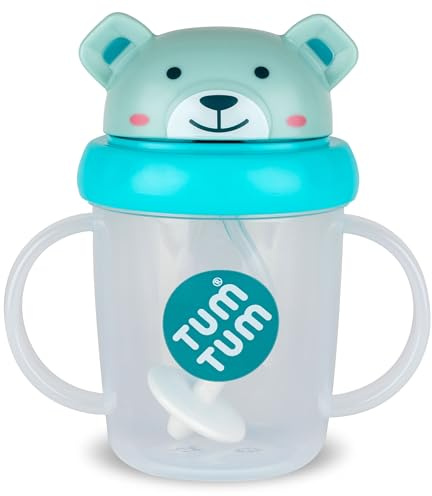TUM TUM Kopp med viktad sugrör, läckagesäker kopp, lärande mugg för bebisar, fällbart lock, silikonsugrör (Boris the Bear 200 ml)