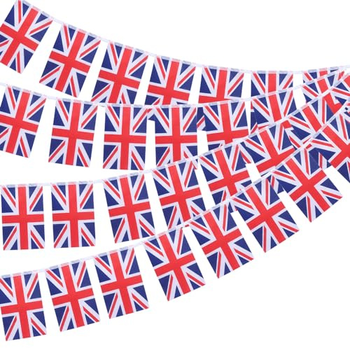 Union Jack Bunting Flag 30pcs British Banners, King Charles Coronation Decorations, British Bunting Flag for Coronation Street Party Decorations (14 x 21 cm - 10m)
