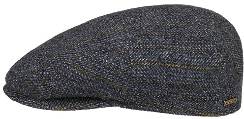 Stetson Kent Herringbone Stripe Flatcap Schirmmütze Schiebermütze Wollcap Herren - Made in The EU mit Schirm, Futter Herbst-Winter - S (54-55 cm) dunkelblau