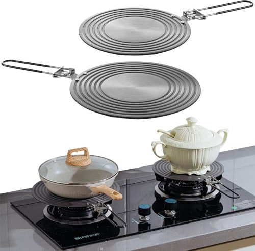 Tujoe 2 Pcs Simmer Plate for Gas Stove 11 Inches and 9.5 Inches Fast Defrosting Tray Round Stove Diffuser Heat Conduction Plate with Anti Scalding Handle for Electric Pot Cookware Protection