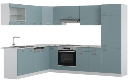 Vicco Eckküche R-Line, Küchenzeile in L-Form, Blau-Grau/Weiß, 227 x 287 cm, AP Marmor