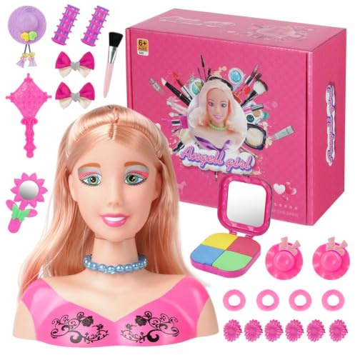 HOTUT Testa in Stile Bambola, Testa da Truccare e Pettinare con Accessori Colorati, Testa Pettinabile con 21 Capelli Rosa, Decorazioni da Colorare Bambola Accessori, Giocattolo per Bambini 3+ Anni