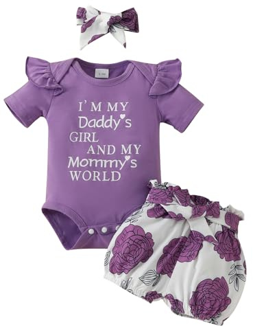 JiAmy Baby flickor kläder, nyfödd outfit set pappas flicka volang kortärmad bodysuit shorts med pannband 3 st set för 0-3 månader, Lila2, 3-6 Months