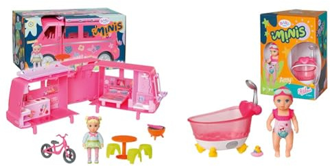 BABY Born, Puppenfahrzeug, aufklappbarer Wohnwagen & Minis Badewannen-Spielset mit Minis-Puppe Amy und Ente, 906101 Zapf Creation